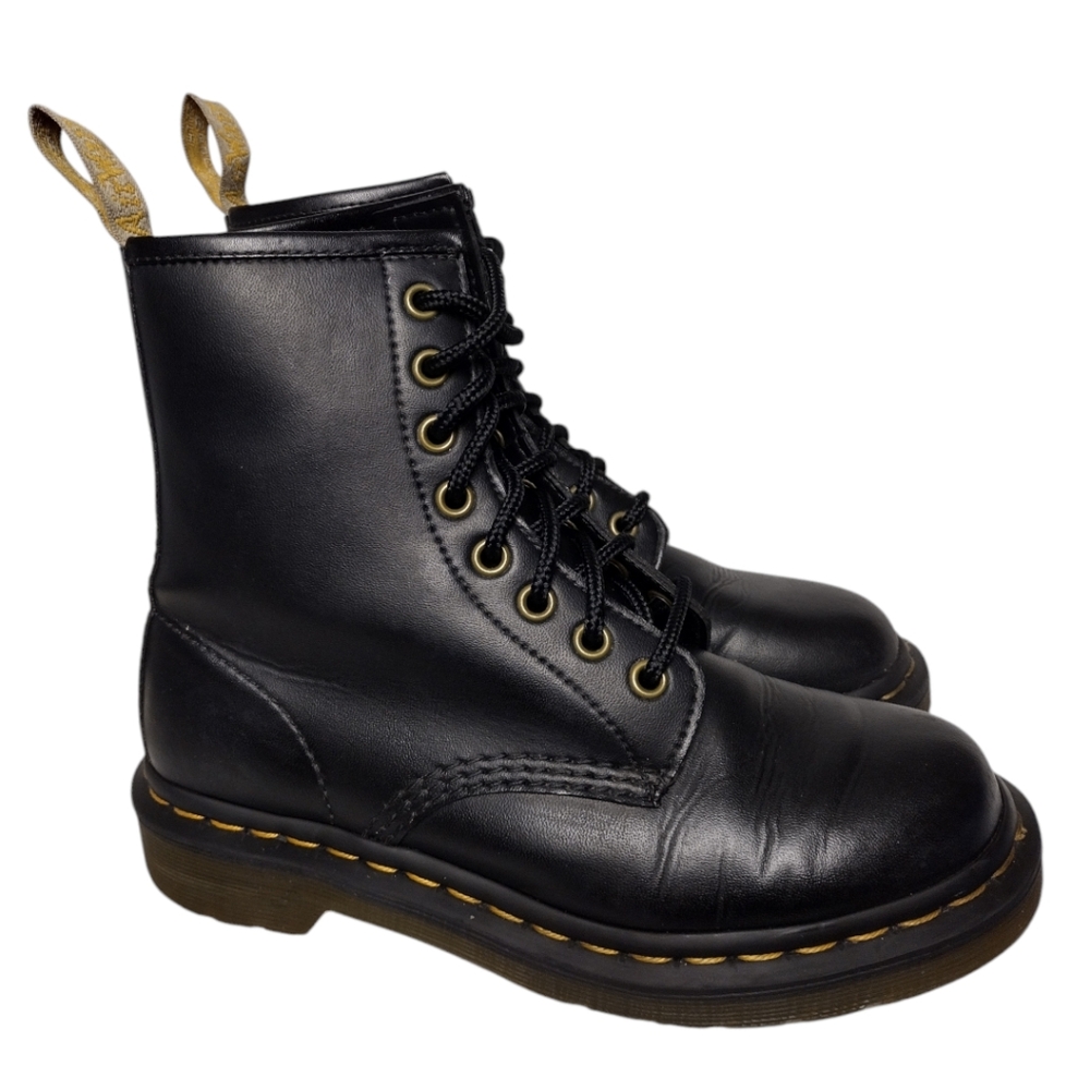 RE-POSH Dr. Martens Black Leather Lace-Up Combat Boots with Yellow Stitching